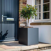 Grey plant pots filled with vibrant flowers, adding color to outdoor spaces.
